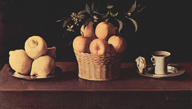 Francisco de Zurbaran Teller mit Zitronen, Korb mit Orangen und Tasse mit Rose France oil painting art